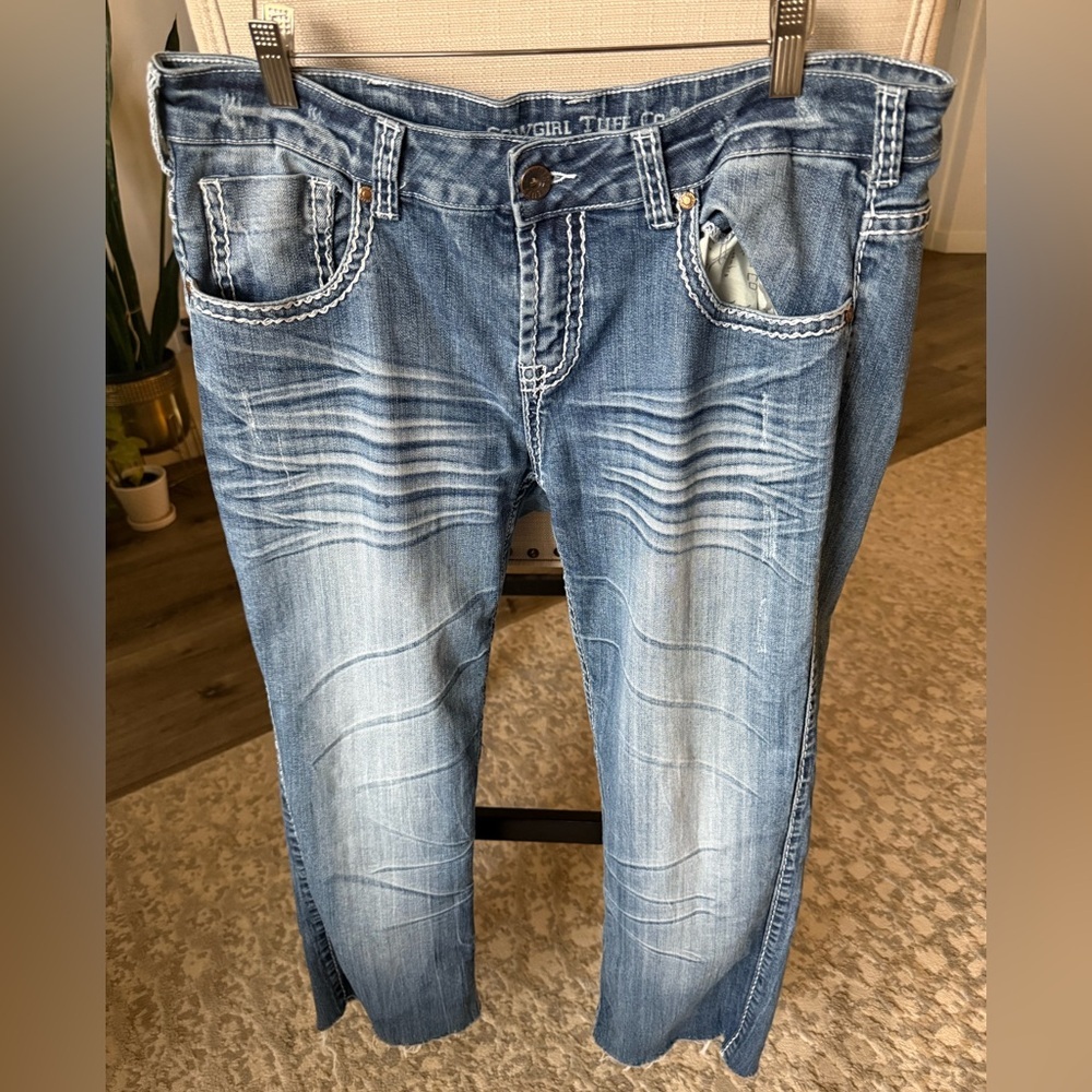 Cowgirl Tuff Plus Size Blue Cropped Straight Acid Wash Cotton Denim Jeans, 33